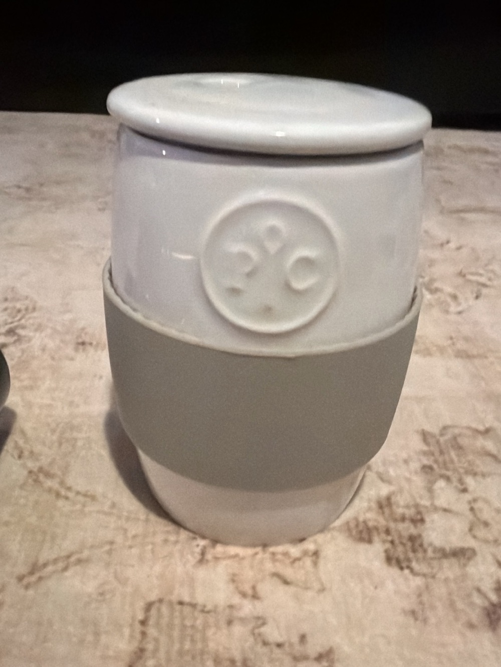 Pampered Chef White Ceramic Mug with Gray Silicone Band